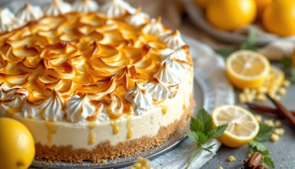 Käsekuchen mit Schmand-Sahne-Creme und goldener Baiserhaube