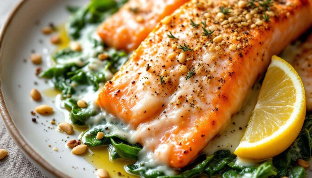 Fisch verliebt in diesen Ofenlachs mit cremigem Spinat und Mozzarella