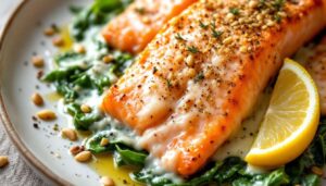 Fisch verliebt in diesen Ofenlachs mit cremigem Spinat und Mozzarella